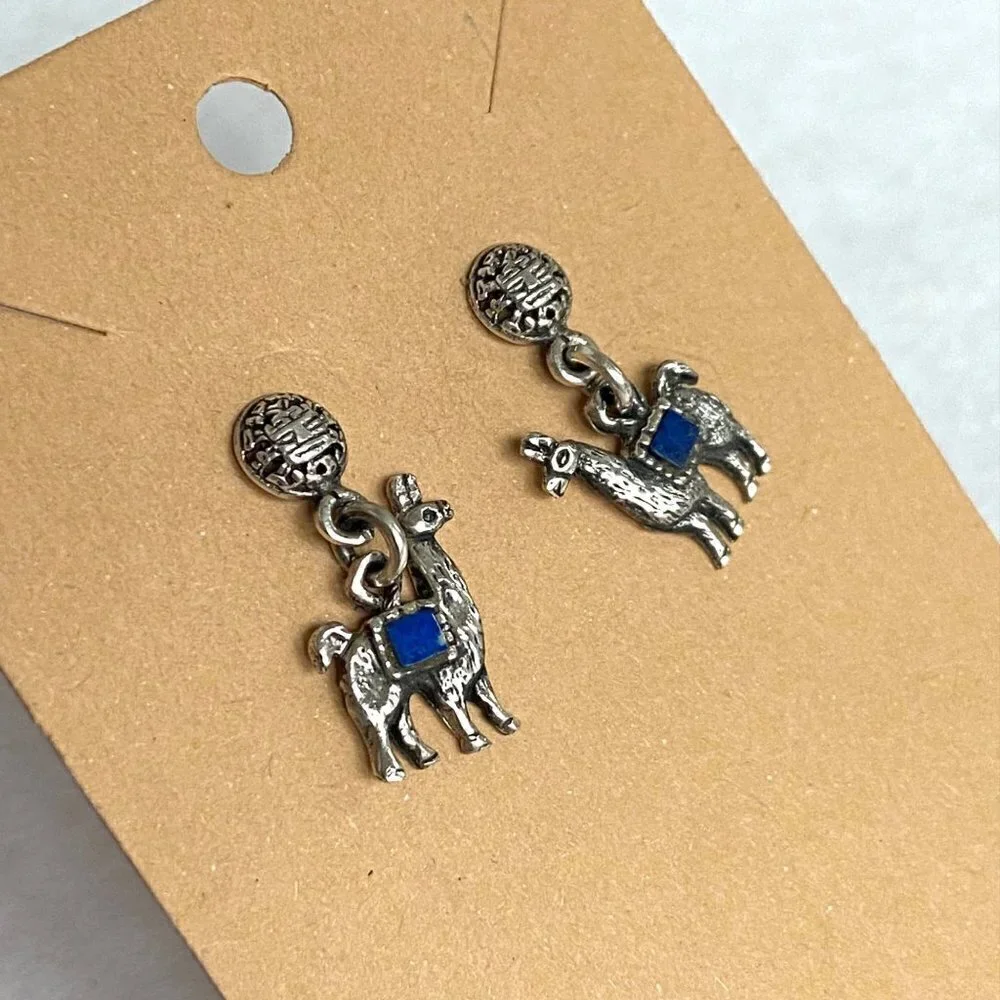 Sterling Silver 925 Southwest Style Llama Alpaca Lapis Dangle Drop Earrings